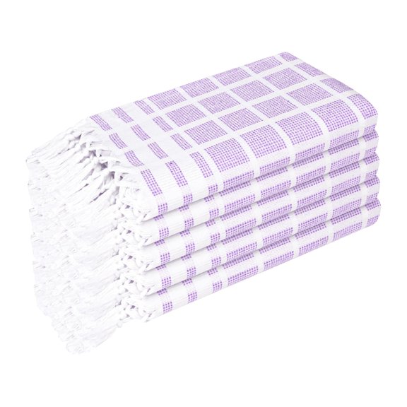 HEIRLOOM COMFORT Lavender and White Dotted Matrix Dish Towels 5 Pack, 100% Cotton, 16x26 Inch, Decorative Tassel Towels, Reusable, Quick Dry and Absorbent for Kitchen Use