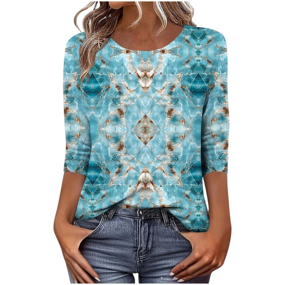 qucoqpe Womens Summer Tops Fashion Casual Bohemian Printed Crew Neck 3/4 Sleeve Tunic Blouses Loose Dressy Business Shirts