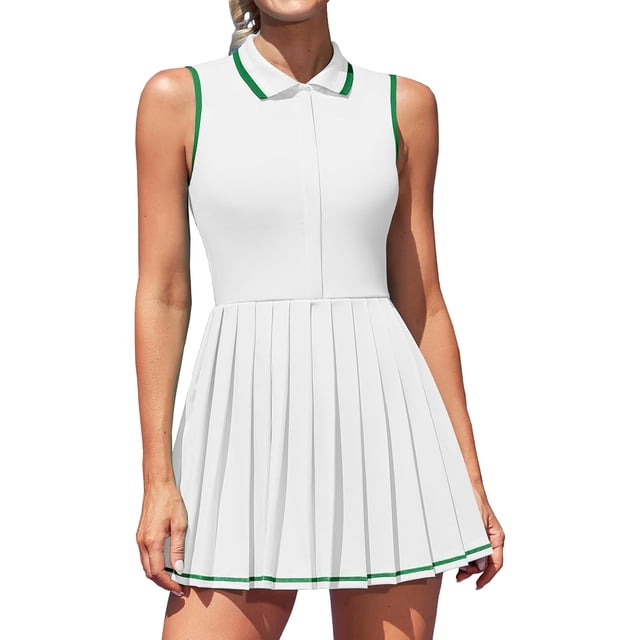ATTRACO Robe de Tennis pour Femmes, Robe Polo Côtelée de Golf à Demi-Glissière, Robe d'Entraînement Plissée avec Short et Soutien-Gorge Intégrés
