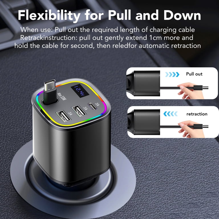 KT1 Fast Car Charger Adapter, 4-in-1 with Retractable Cable photo 7