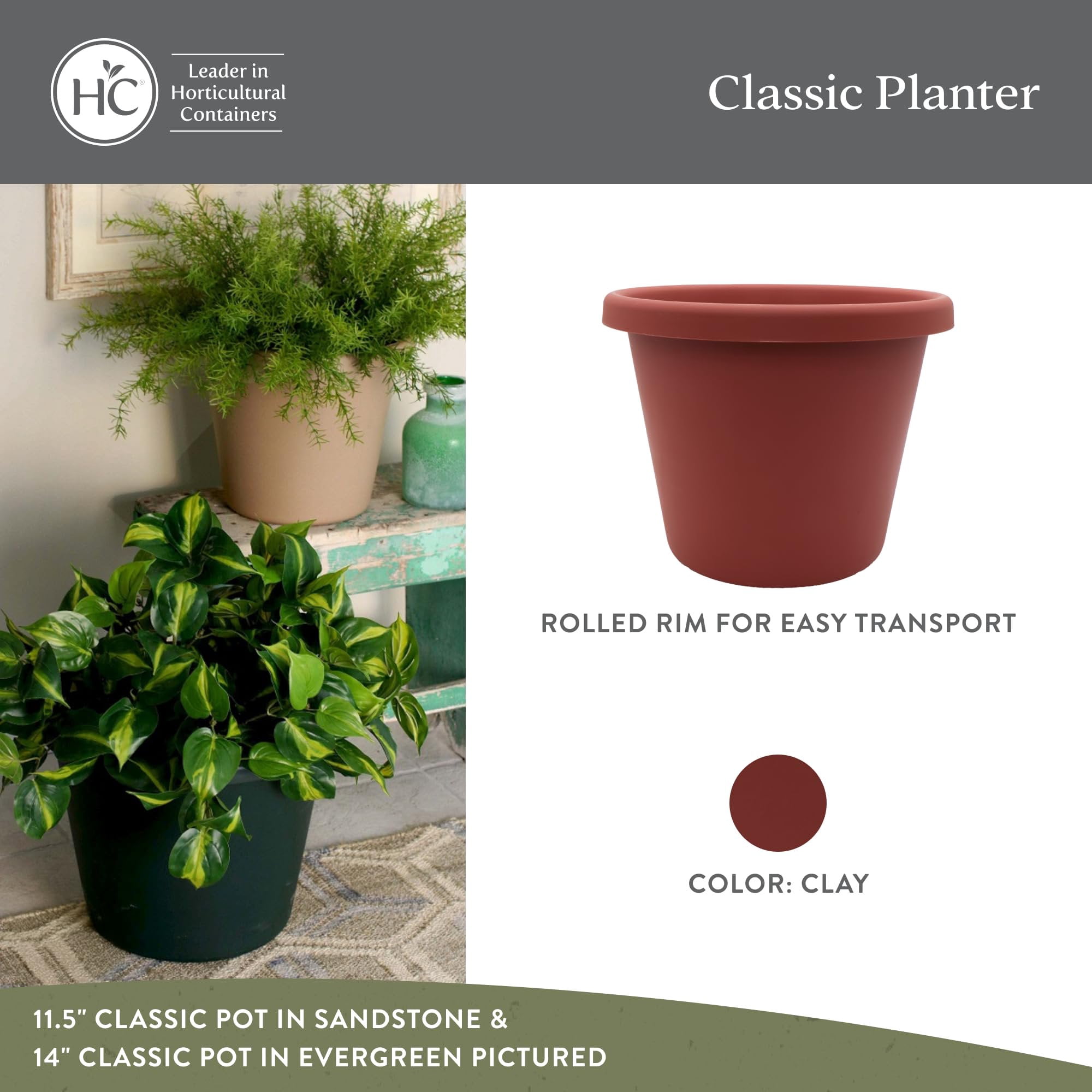 The HC Companies Classic Round Plastic Plant Pot w/Rolled Rim - Lightweight & UV Resistant Flower Pot for Herbs & More - Outdoor & Indoor Plant Pots w/Drainage 15.5 inch Clay, Pack of 1