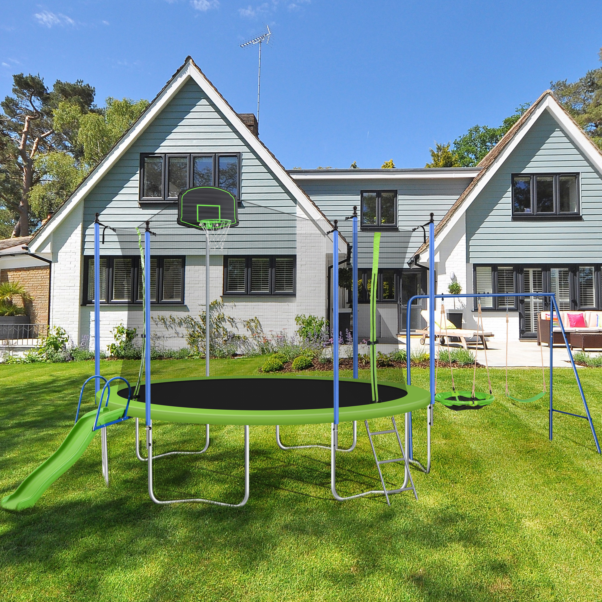 14ft Trampoline with Slide and Basketball Hoop for Kids Teens Adults, Swing-metal Outdoor Recreational Trampoline with Safety Enclosure Net, Capacity for 5-6 Kids