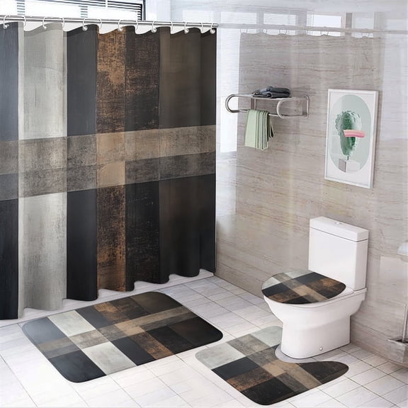 Modern Abstract Grey And Brown Striped Shower Curtain Sets 4 Piece Non-Slip Rugs And Toilet Mat Lid Rug Accessories Brown Grey Geometric Swirls Waterproof Fabric Bath Curtains for Bathroom Decor Sets