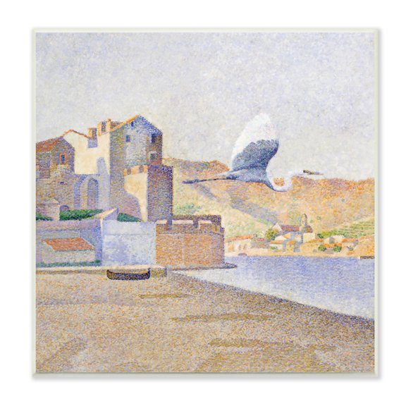 Stupell Industries Flying Crane Bird European Coastal Seaport Pointillism Painting, 12 x 12, Design by Steve Hunziker