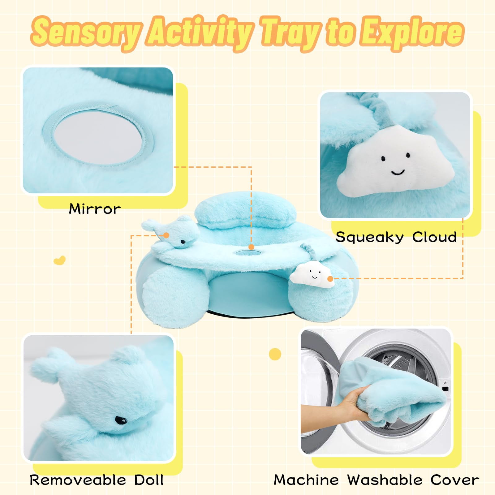 Baby Sit Me Up Seat, Inflatable Baby Seat with Cover for Babies 3-36 Months,Portable,Inflatable Sit & Play Floor Seats for Sitting Up (Blue)