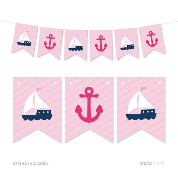 Pink Pennant Party Banner Nautical Anchor and Sailboat
