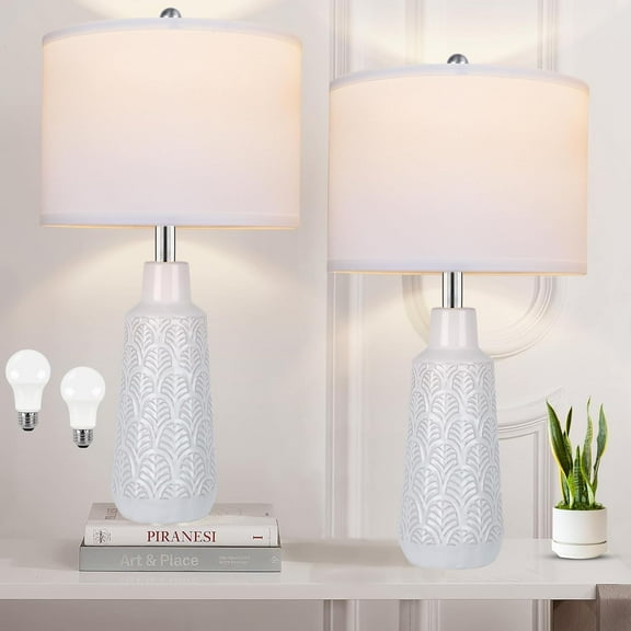 Newest 25.5" Ceramic Table Lamps Set of 2, Farmhouse Vase Design with 3 Light Colors & White Shade, for Bedroom Living Room