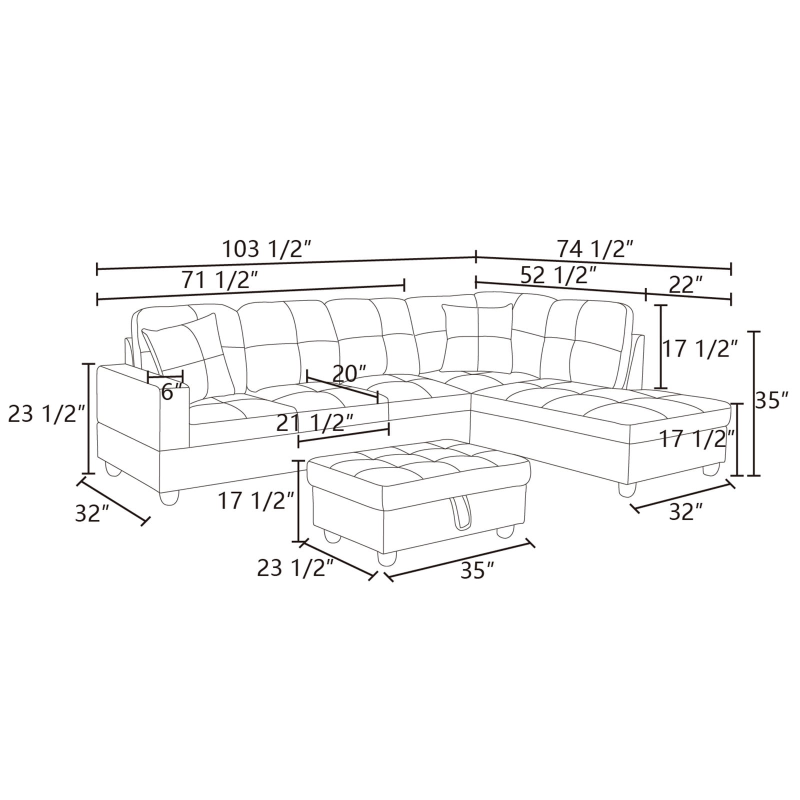 Hommoo Faux Leather Living Room Furniture Set, Sectional Sofa Set, Right Side, White
