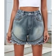 thumbnail image 6 of Women'S Mid Rise Denim Shorts Rivet Studded Ripped Frayed Raw Hem Hot Short Jeans Blue L, 6 of 10
