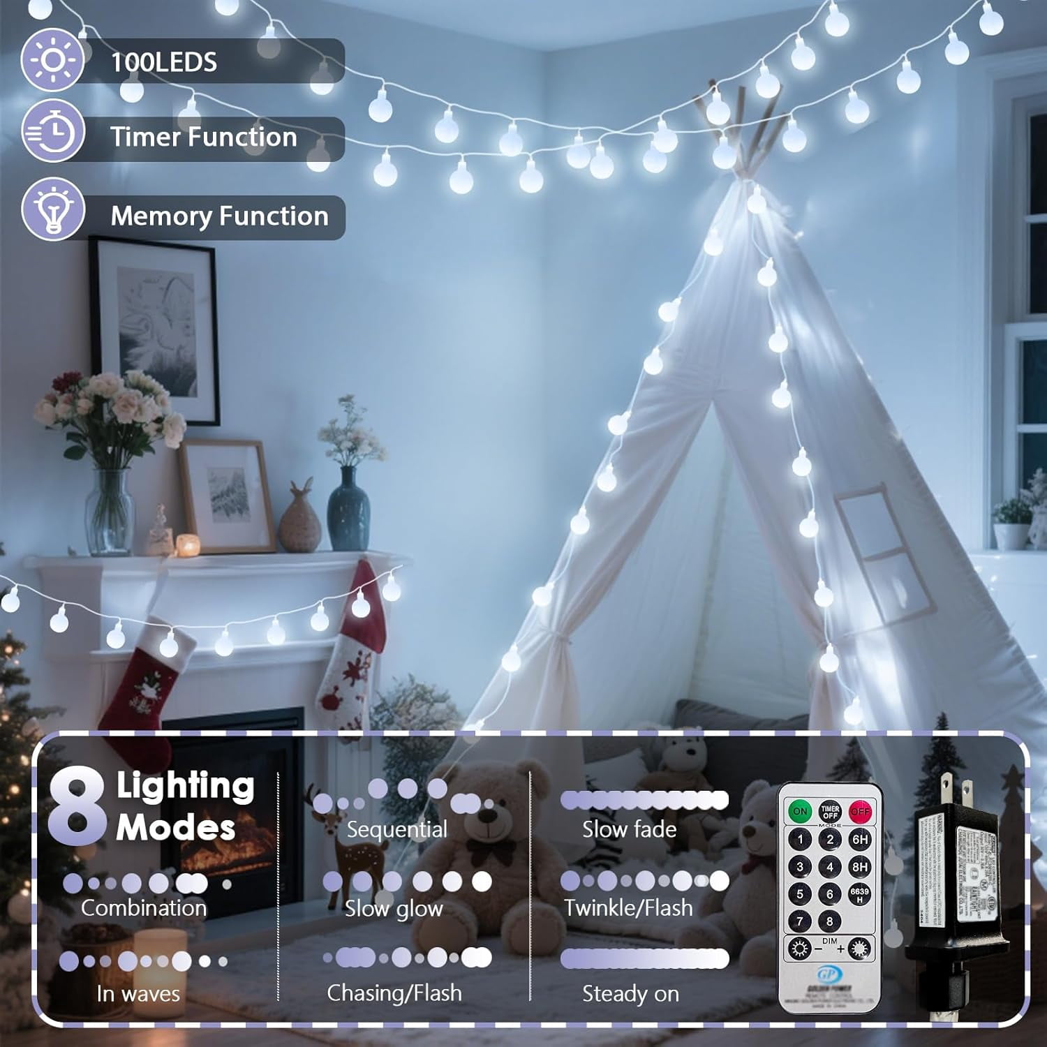 100LED Connectable String Lights Indoor Outdoor for Bedroom, 43ft White  Lights Plug in with Remote & Timer, 8 Lighting Modes Waterproof Fairy Light for Room Classroom Wedding Christmas Decor