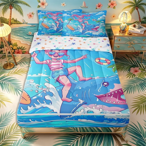 Castle Fairy Cute Cartoon Summer Surf Girl Zipper Twin Comforter Sets with Fitted Sheet and 2 Pillowcases,Shark Palm Bubble Kids Beach Art Zipper Bedding Set,Bright Cyan,Reversible,4-Piece