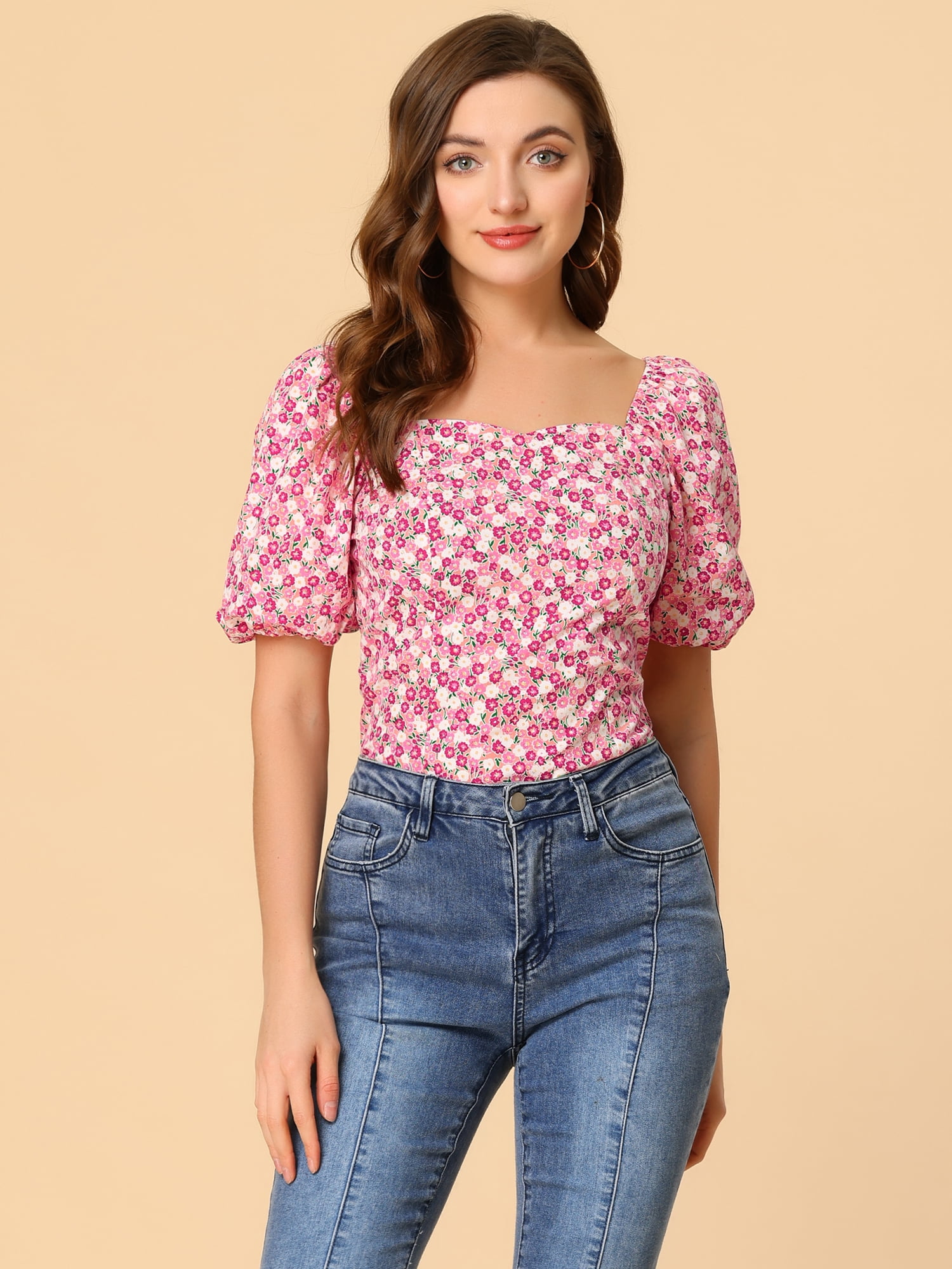 DARING DIVA Puff Sleeve Sweetheart Neck Smocked Floral Top S Pink