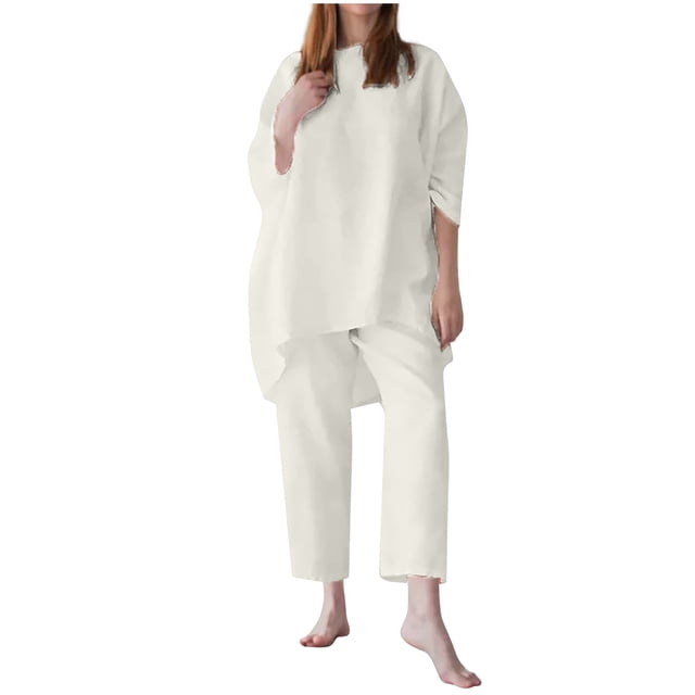 Blusa de manga larga sólida con cuello redondo para mujer a la moda de 2 piezas + conjuntos de pantalones sueltos Wmkox8yi bvn1408