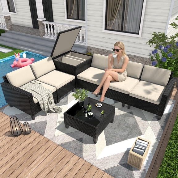 7-Piece Outdoor Rattan Sectional Sofa Set, with Storage Box & Coffee Table, Patio Couch Set,All-Weather Patio Conversation Furniture for Garden, Deck, Backyard