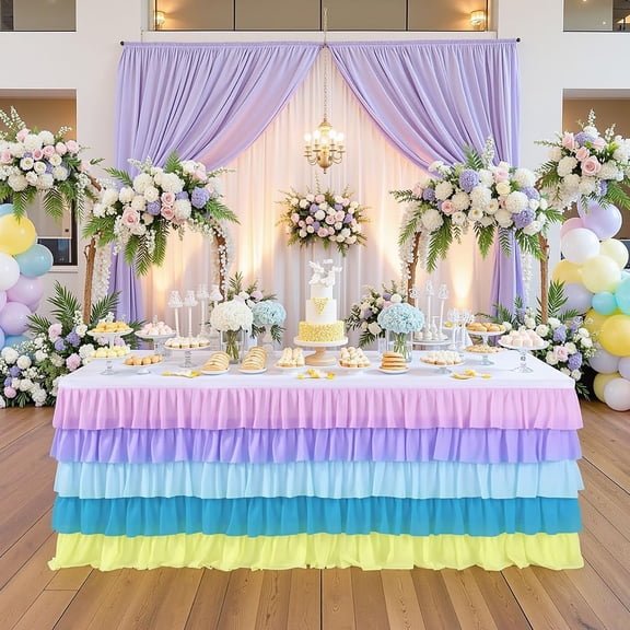 Pastel Rainbow Table Skirt 6FT Table Skirts Tulle Desk Skirts Decoration Tablecloth Cover Ruffle Tutu Rectangle Polyester with Adhesive Tape