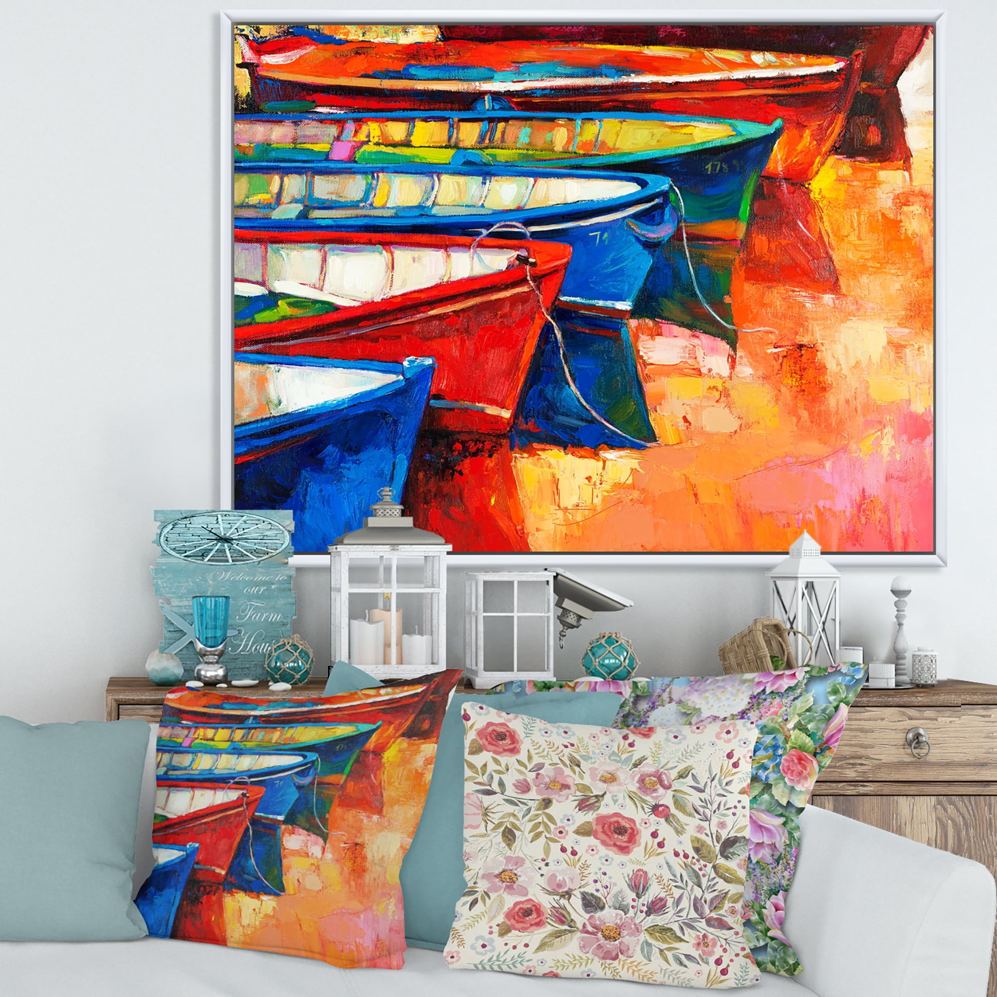 Designart 'Boats During Warm Colourd Sunset In The Harbor II' Nautical & Coastal Framed Canvas Wall Art Print