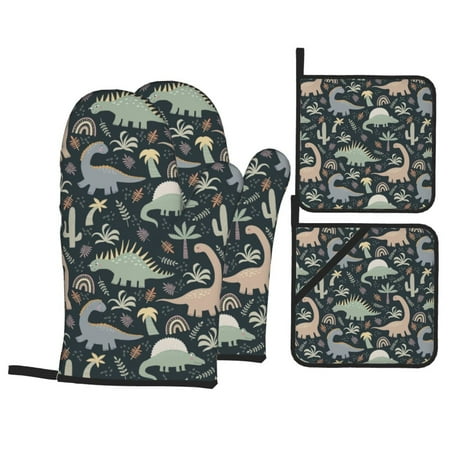 

Oven Mitts and Pot Holders 4 pcs Set cartoon cute Dinosaur print Heat Resistant Pot Holders Oven Mitts for kitchen Non-Slip Hanging Loop Oven Glove Potholders for Baking Cooking