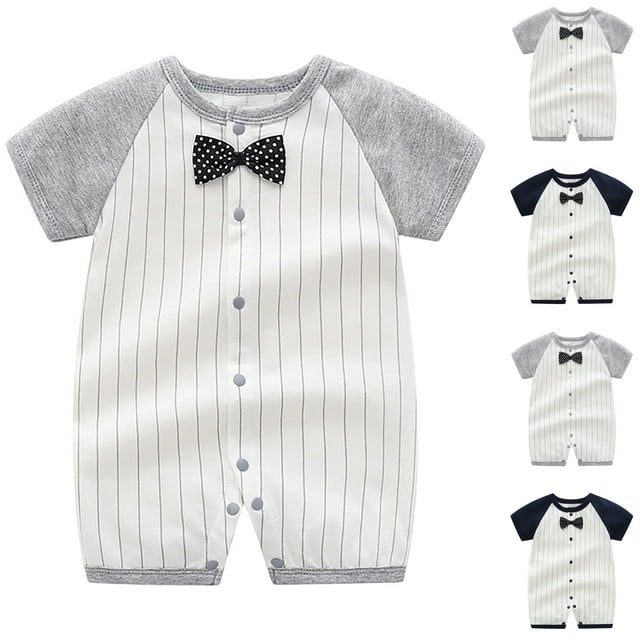 JDQJBZ Barboteuse à Manches Courtes pour Bébé Garçon, Imprimé à Rayures, Tenue Formelle en Coton
