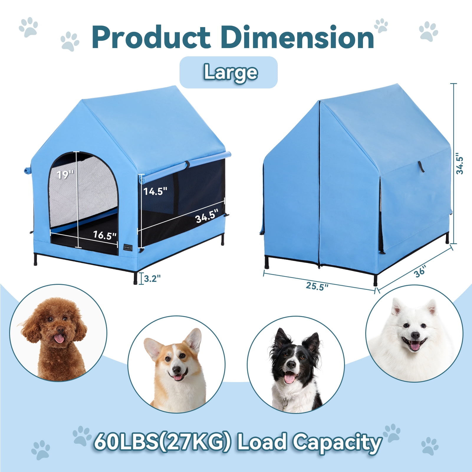 Petsfit 36 Inch Elevated Pet Dog House, Portable Large Dog House with Removable Cover for Indoor and Outdoor, Waterproof Raised Dog Houses for Large Dogs Outside,Blue,36L x 25.2W x 35.3H Inches