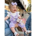 thumbnail image 6 of BemeyourBBs Infant Baby Girl Summer Clothes Floral Patchwork Romper Ruffle Short Sleeve Daisy Print Fake Two-piece Front Bow Jumpsuit with Headband, 6 of 9