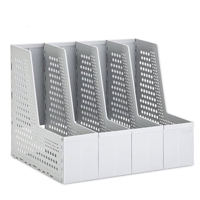 Revistero Plegable, Revistero de Oficina con 4 Compartimentos, Revisteros de Gran Capacidad, Almacenamiento de Papel Vertical A4, Gris Claro