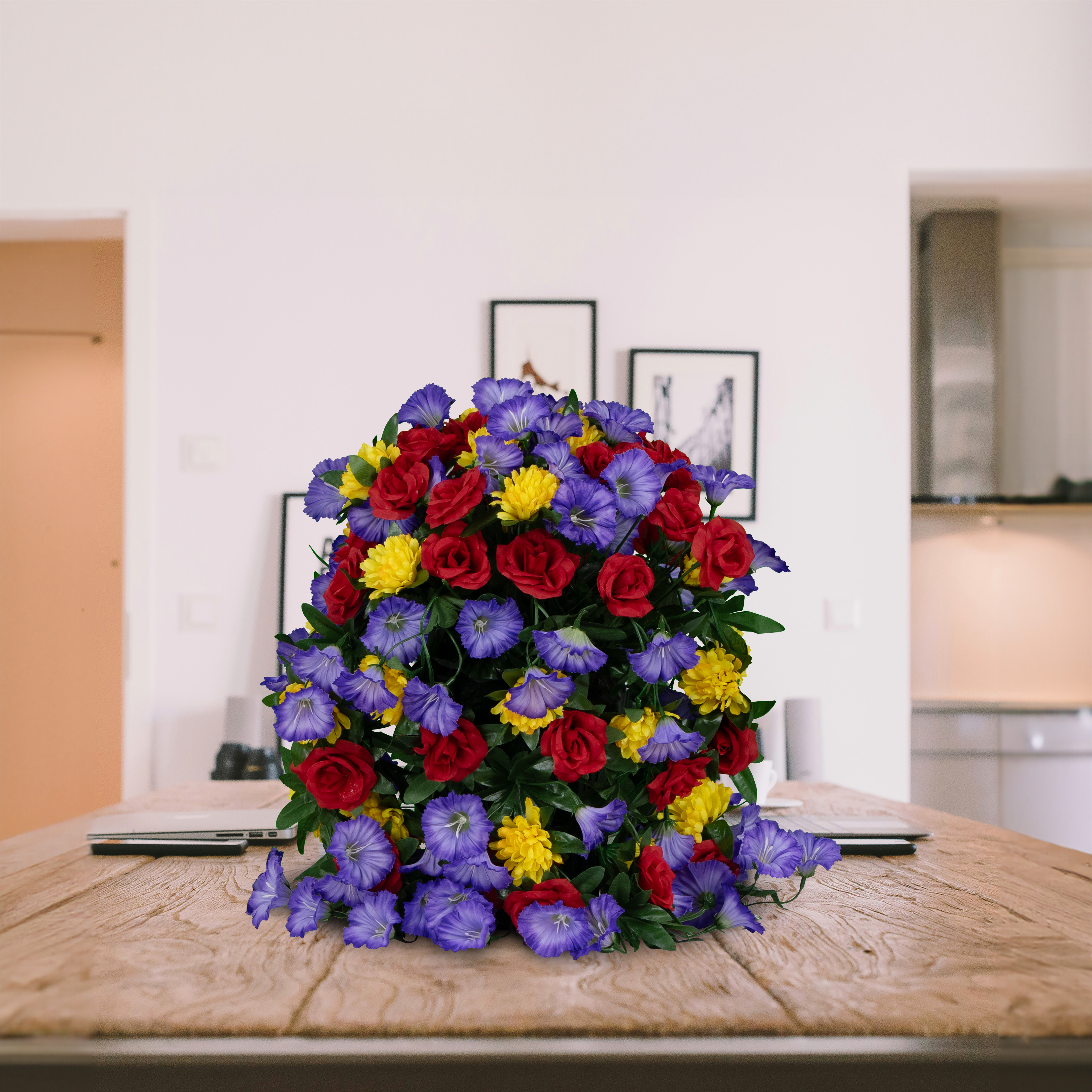 Sympathy Silks Artificial Flowers Outside Weighted Trailing Red Roses Purple Morning Glories and Yellow Mums Pot