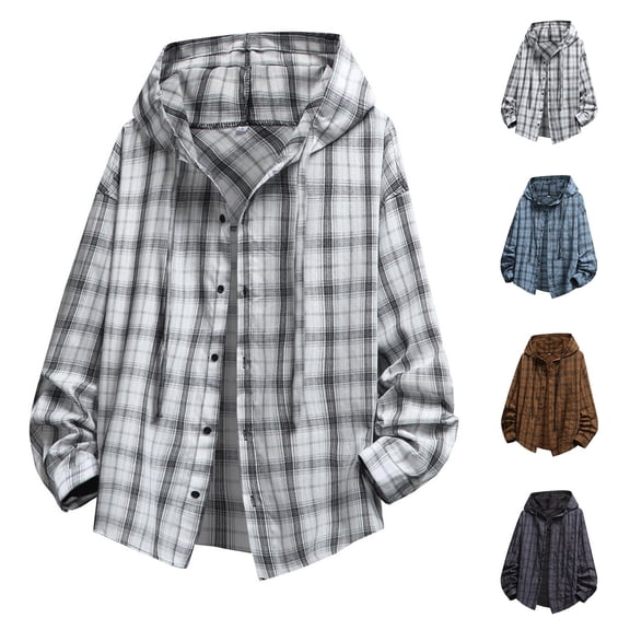 zejinsd Mens Summer Shirts Lightweight Loose Hooded Sunscreen Shirts Fashion Versatile Plaid Blouse Casual Button Up Daily Outfits Outerwear