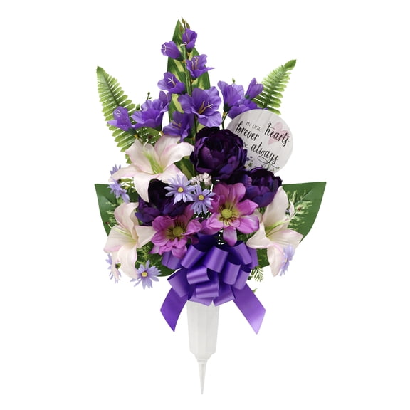 26-inch Artificial Silk Purple & Pink Peony Mixed Cemetery Extra Large Round Vase with Sign, for Indoor/Outdoor Use, by Mainstays