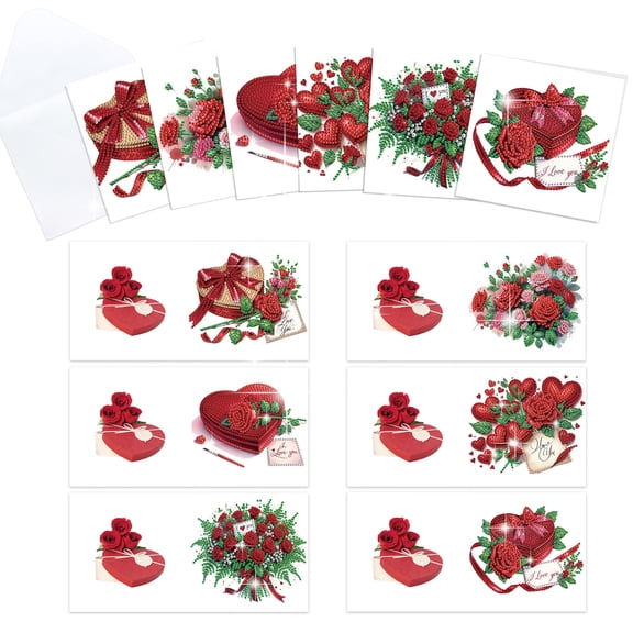 6pcs Diamond Painting Kit Greeting Card, Love Red Rose 5D DIY Diamond Handmade Holiday Greeting Card with Envelope, Christmas Gift Congratulation