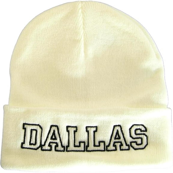 Dallas City Name Cuffed Winter Knit Beanie Toboggan Hat (White/Black)