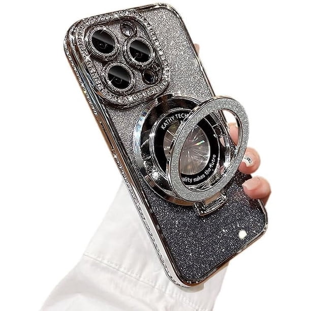 Funda para teléfono con purpurina brillante compatible con iPhone 12 Pro Max, protector de lente de cámara con soporte, funda suave con diamantes de imitación brillantes