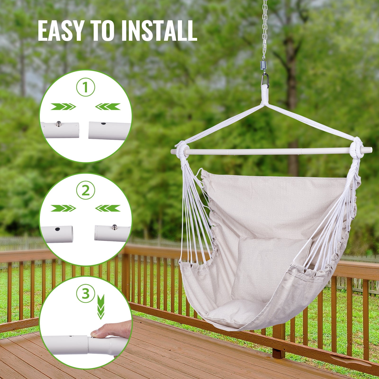 Backyard Expressions Hammock Chair Hanging Rope Swing Chair, 2 Pillows, Anti Slip Steel Spreader Bar