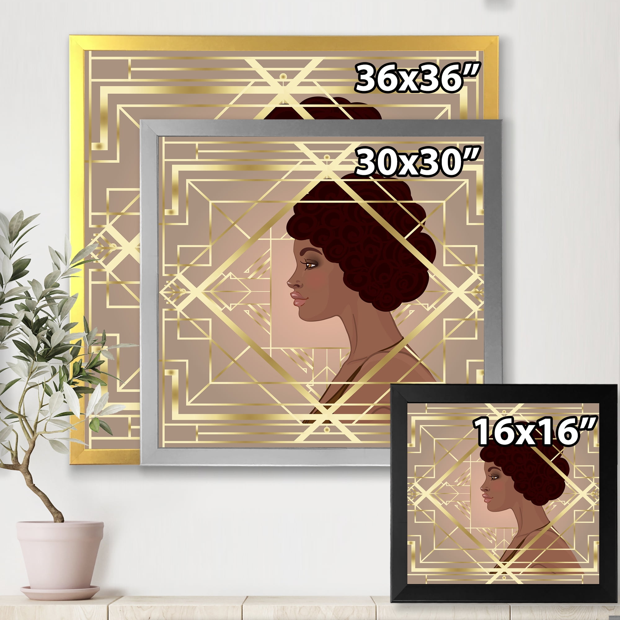 Designart 'Retro Girl In Golden Art Deco Geometrics II' Modern Framed Art Print