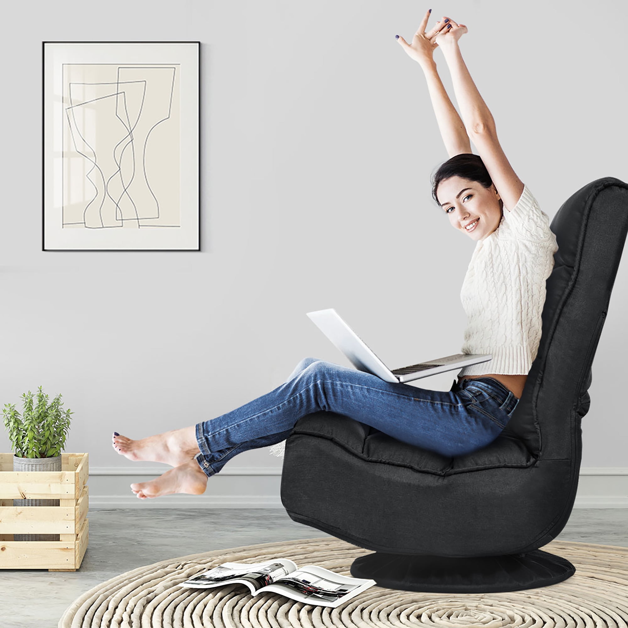 Costway Gaming Chair Fabric 6-Position Folding Lazy Sofa 360 Degree Swivel Black