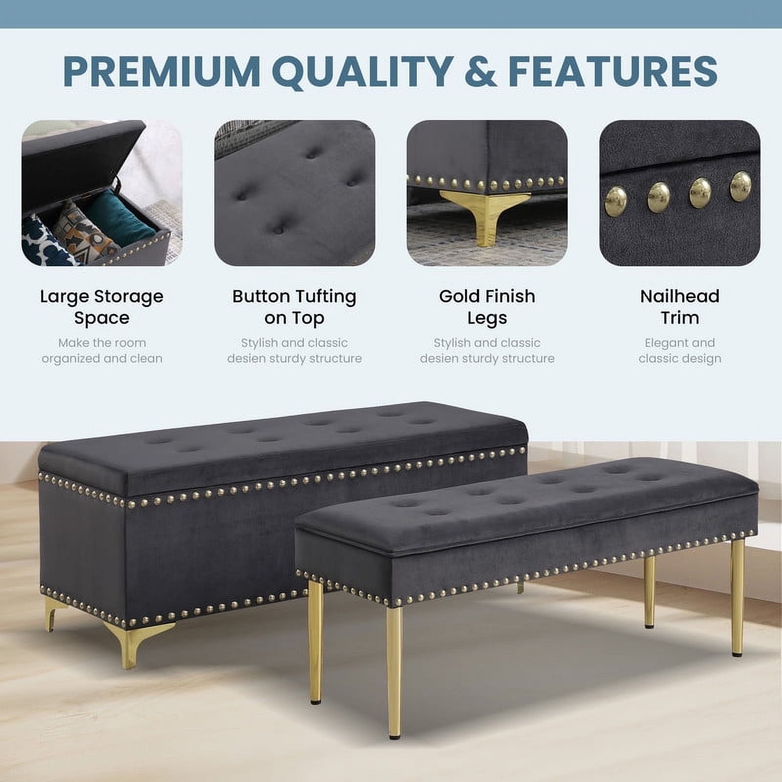Aukfa 2-in-1 48 Inches Storage Ottoman Benches Set, Upholstered Storage Chest, Footrest for Living Room, Bedroom, Entryway, Dark Gray