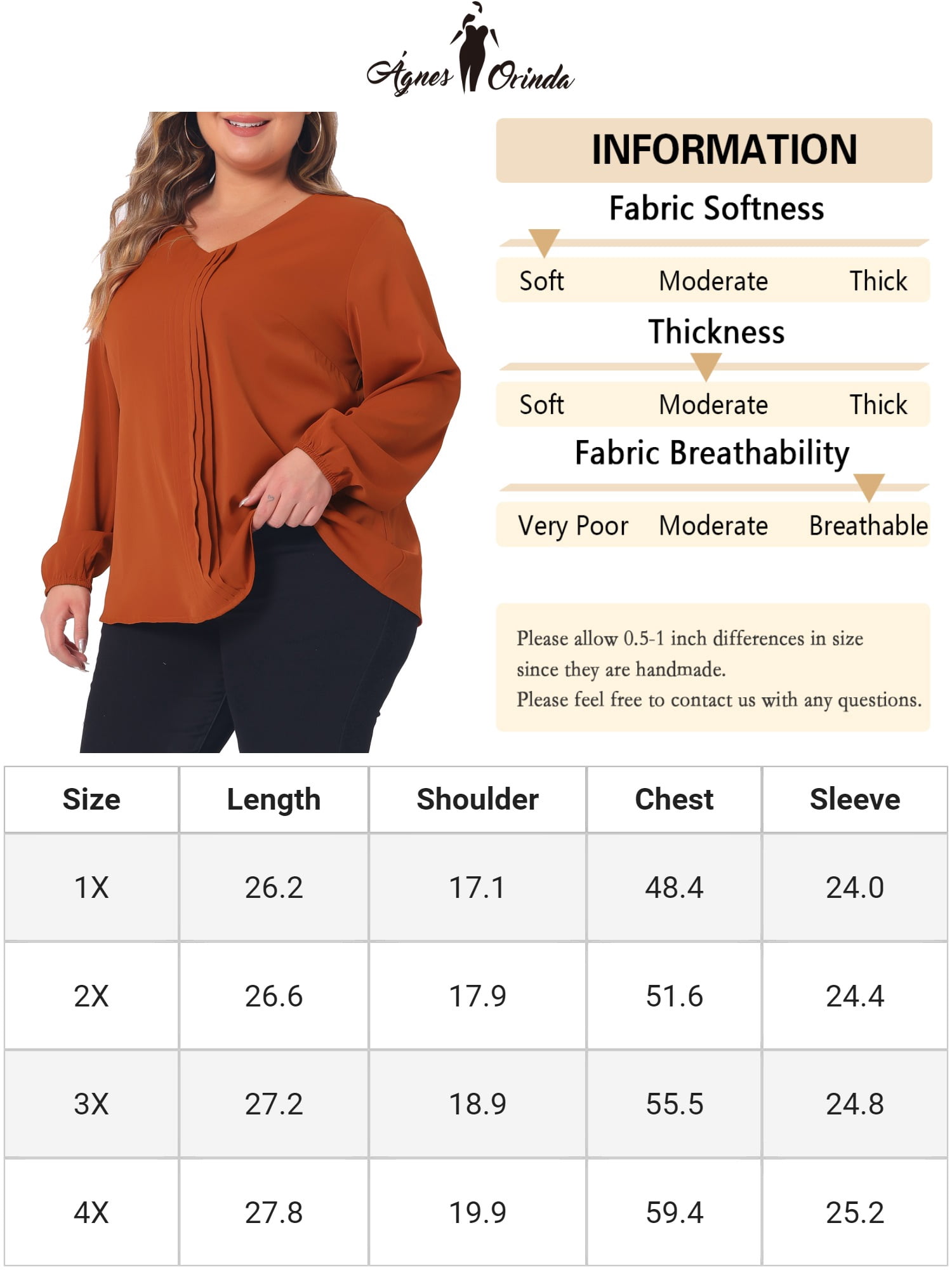 Unique Bargains Women's Plus Size Long Sleeve V Neck Chiffon Pleated Front Tops 3X Caramel