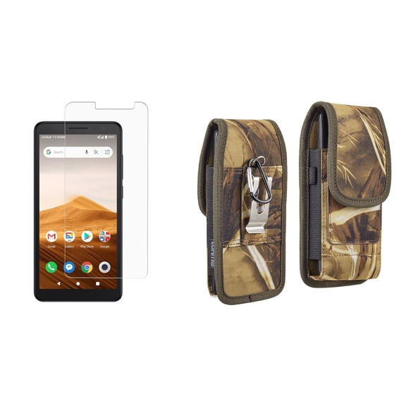 Luxmo Alcatel Apprise (Cricket Wireless) Belt Holster Bundle: Vertical Rugged Nylon Carrying Pouch Clip Phone Case (2 Card Slots/Pen Holder) with Tempered Glass Screen Protector - Tree Camo