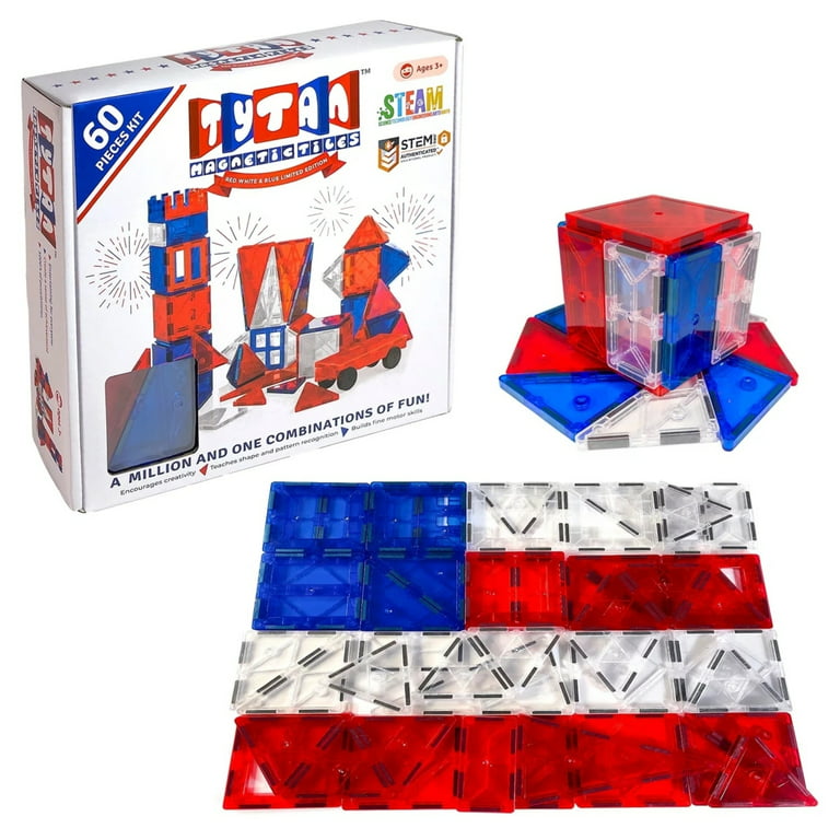 Tytan Tiles Magnetic Toy Tiles, 60 Pieces, Red White & Blue, STEM Certified | Ages Children to Adult 3+