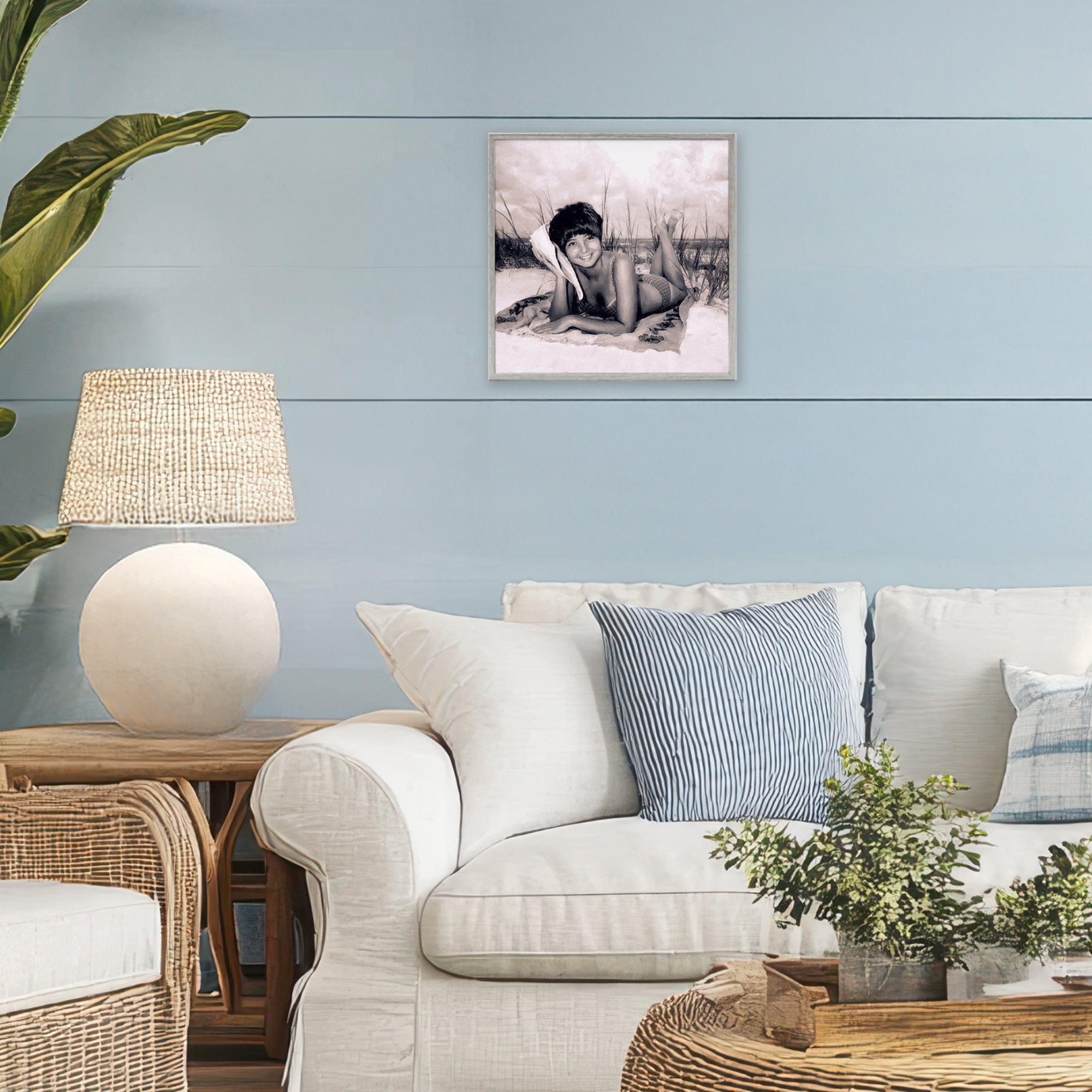Stupell Industries Vintage Summer Girl with Conch Gray Framed Giclee Art, design by Grotto Studios
