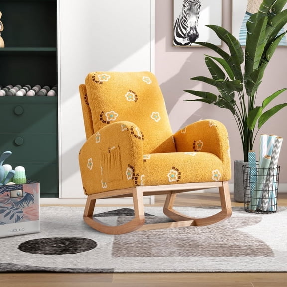 26.8"W Modern Rocking Chair for Nursery, Mid Century Accent Rocker Armchair With Side Pocket, Upholstered High Back Wooden Rocking Chair for Living Room Baby Kids Room Bedroom, Green Boucle    RR