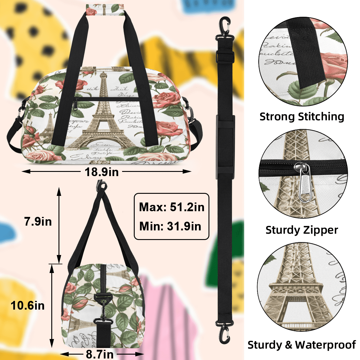 Herdesigns Paris Theme Sports Duffle Bag for Women & Men, Eiffel Tower Gym Bag Dance Bag Overnight Bag Carry On Weekender Travel Bag
