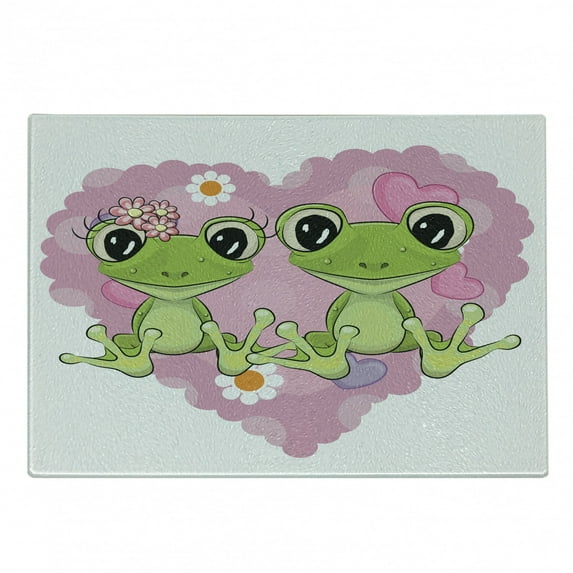 Love Cutting Board, 2 Cartoon Frogs on a Background of Heart in Love Happiness Flowers Art, Decorative Tempered Glass Cutting and Serving Board, Small Size, Dried Rose Lime Green, by Ambesonne