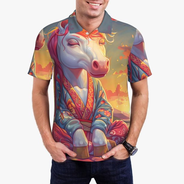 Fotbe Meditating Cute Horse Camiseta Polo de Golf para Hombre con Estampado – Camisa Deportiva Transpirable con Cuello Abotonado-Small
