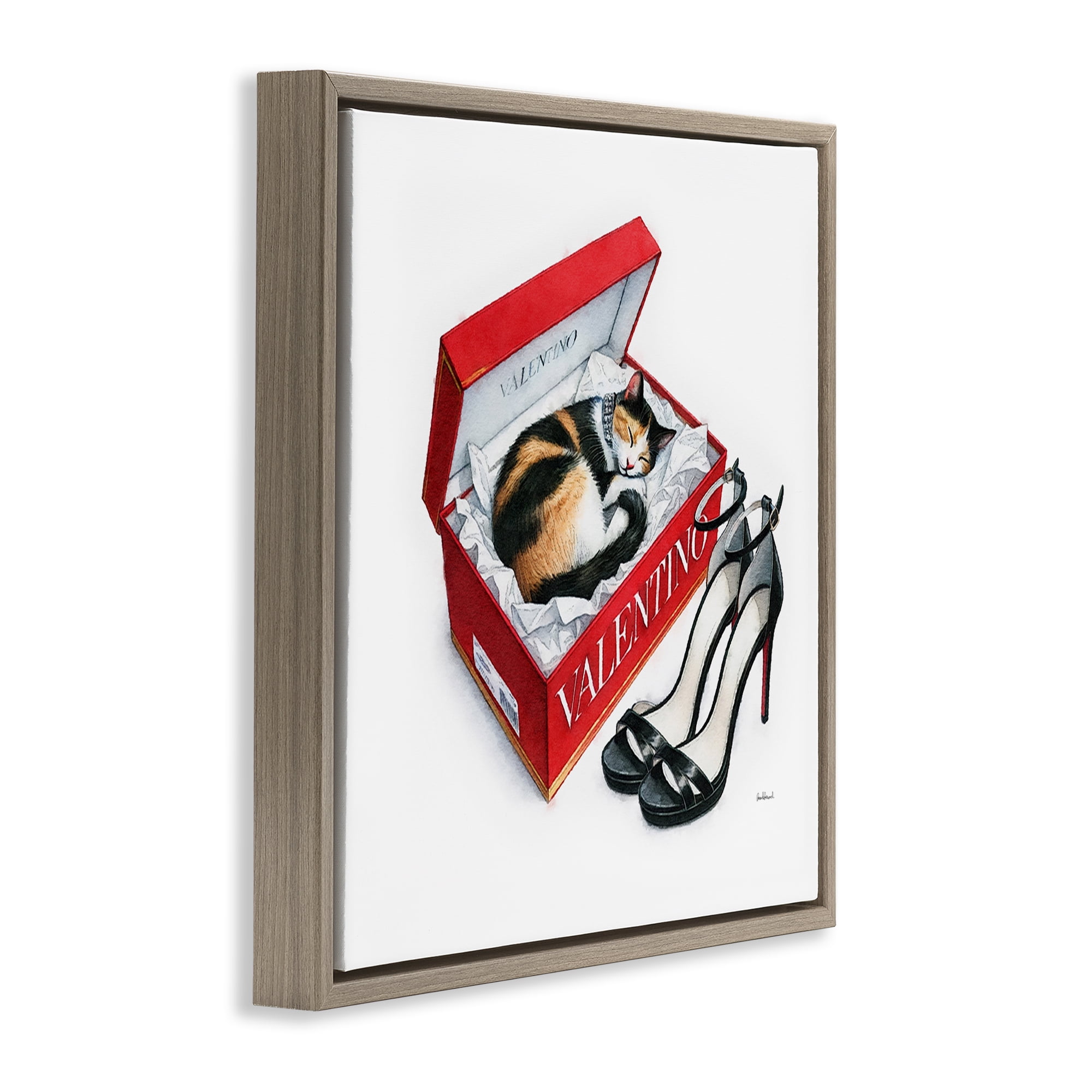 Stupell Industries Trendy Cat Shoebox Animals Painting Brown Floater Framed Canvas Art Print Wall Art, 25 x 25