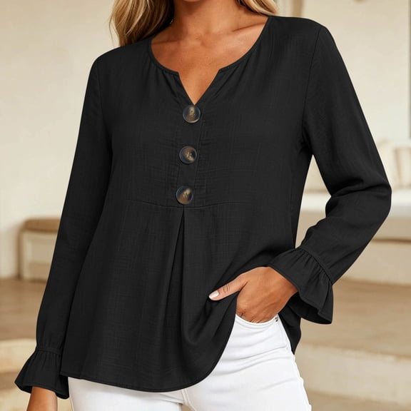 ClodeEU Women's V Neck Half Button Flare Long Sleeve Blouse,Casual Loose Solid Shirt Top Black,Women's Plus L