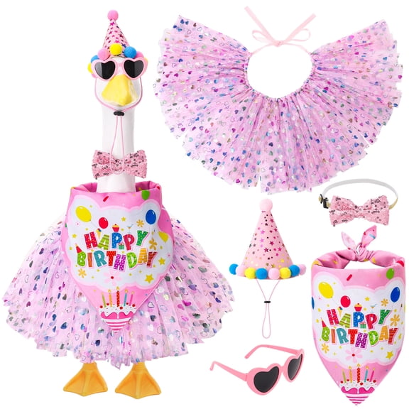 topjuju 5 Pcs Birthday Porch Goose Outfit for 23" 17" Statues, Includes Birthday Hat, Tutu Skirt, Bandana & Bow Tie, Cute Party Clothes for Cement Goose Outdoor Yard Decor, Garden Lawn Art