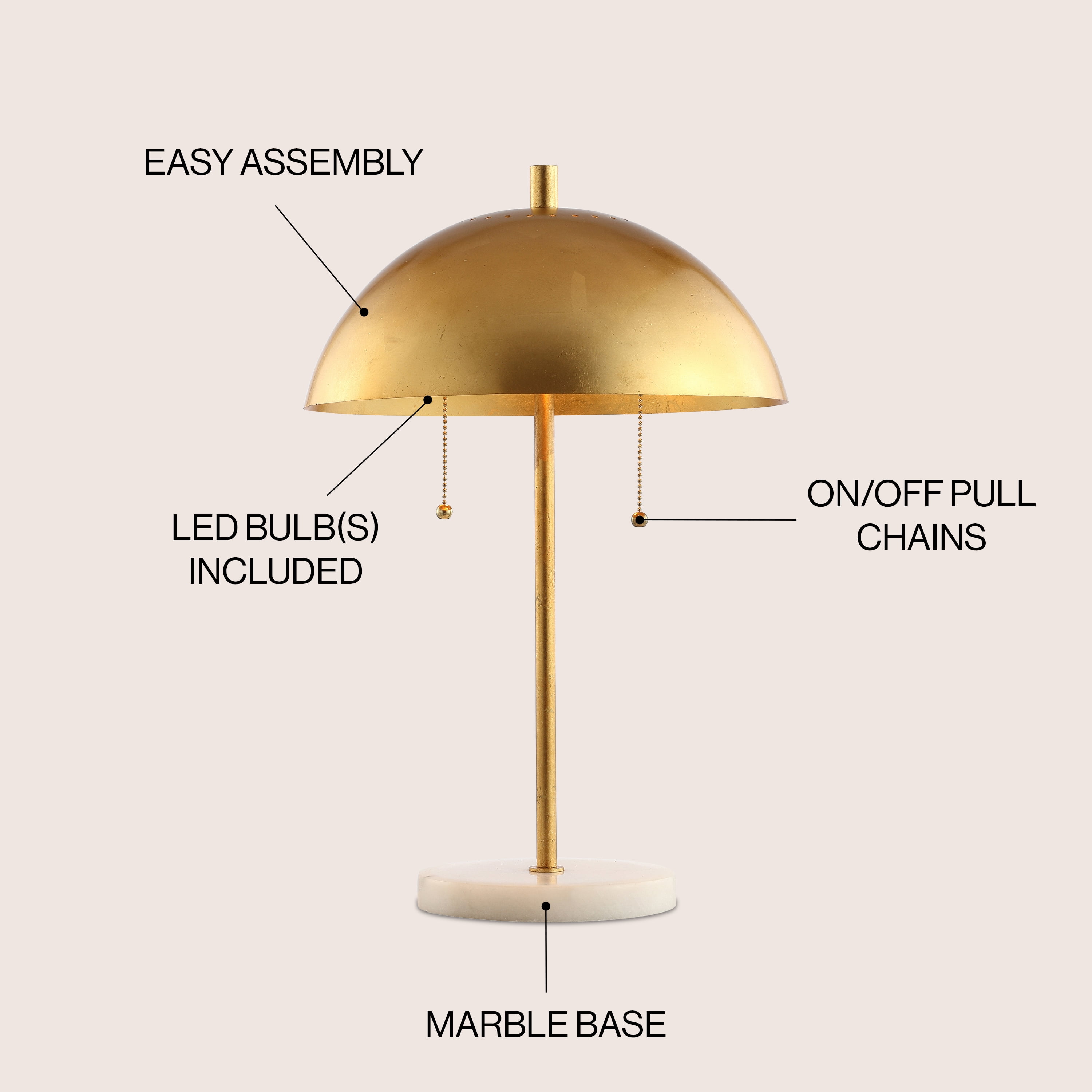 JONATHAN Y Ella 20.7" Dome Metal with Marble Base LED Table Lamp, Gold/White, JYL1071A