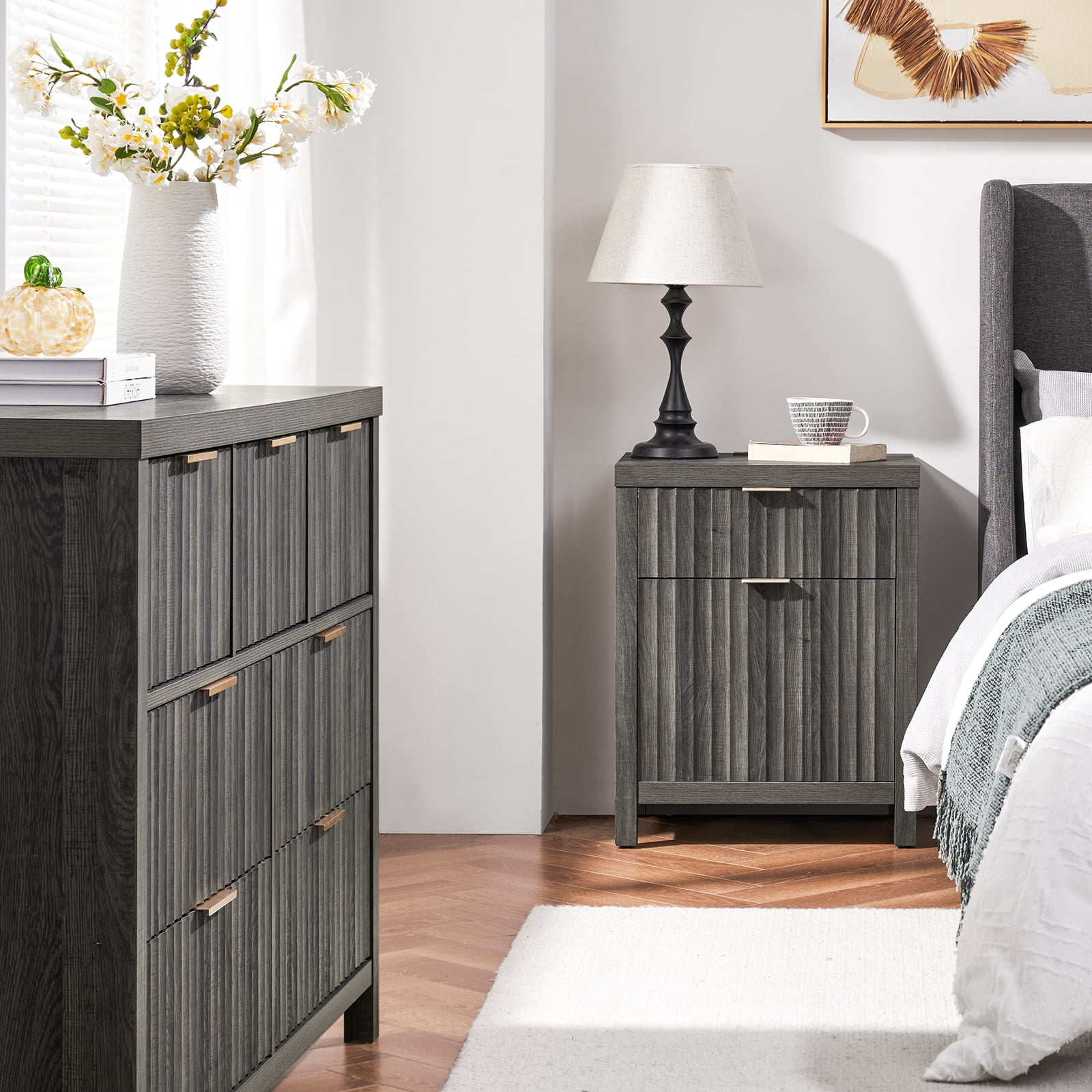 OAKHAM 7 Drawer Dresser, Fluted Wide Chest of Drawers for Bedroom Living Room, Midnight Oak
