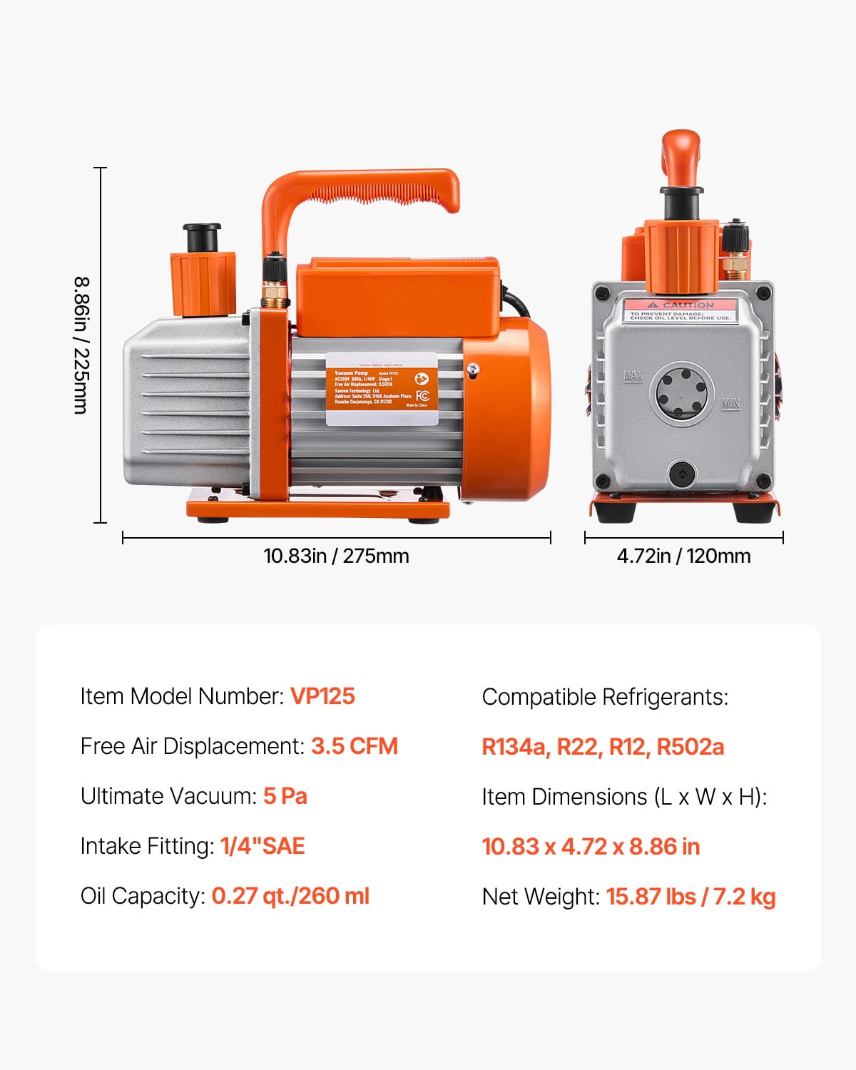 KFFKFF 3.5 CFM AC Suction Pump and Measurement Kit, One Phase Rotary Blade HVAC Air Suction Pump, A/C Coolant Manifold Measurement Set, inclusive of Tubes, Air Cooling Refrigeration