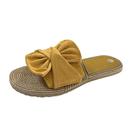 

ZIZOCWA Flower Sandals for Women Women Flat Slippers Shoes Comfortable Fashionable Flower Bow Non Slip Soft Sole Beach Slippers Yellow Size7